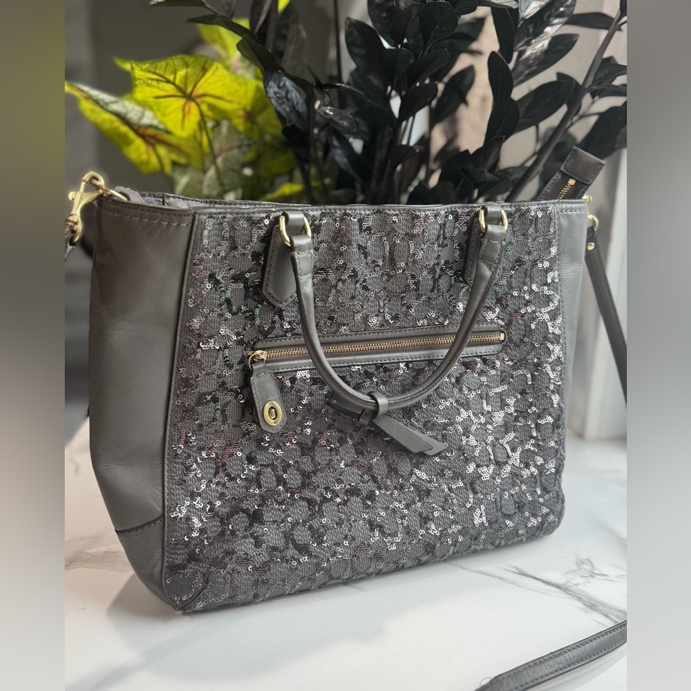 Coach Charcoal Gray Sequin 2-Way Leather Tote Bag